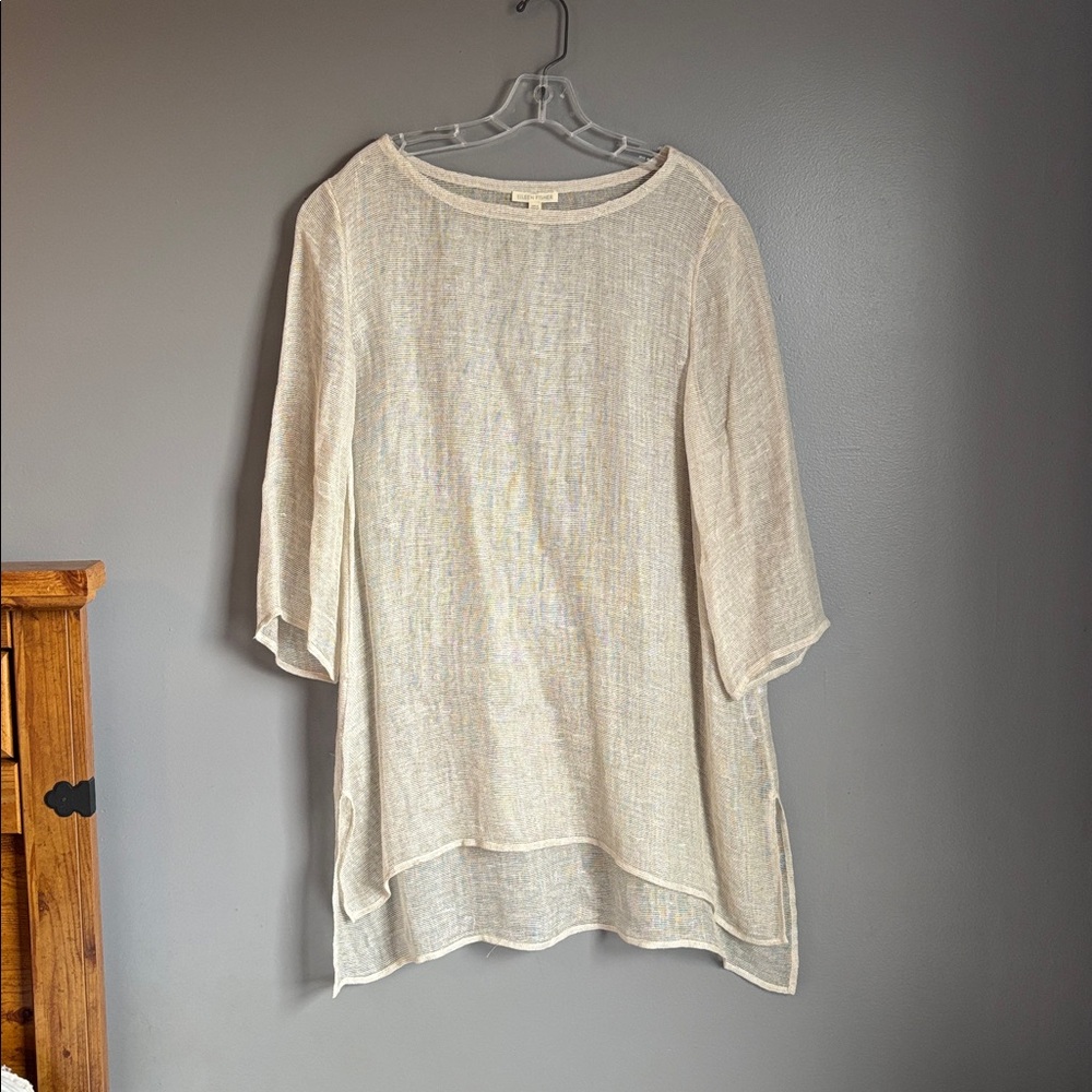 2 Eileen Fisher mesh organic linen tunic tops * tan and light blue * sz LG - Picture 2 of 13